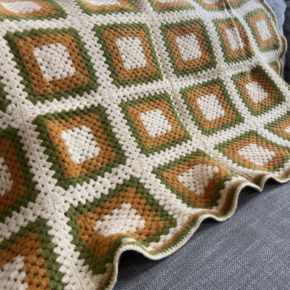 Vtg. Handmade Crochet Blanket Green Gold Cream 52" By 36" Inches Granny Squares